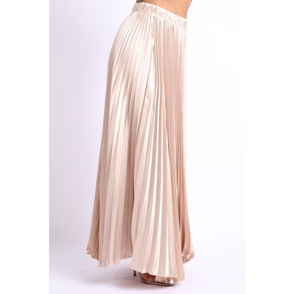 Women's Elastic High Waist A-Line Pleated Satin Maxi Skirt Formal Prom Party - Picture 4 of 7